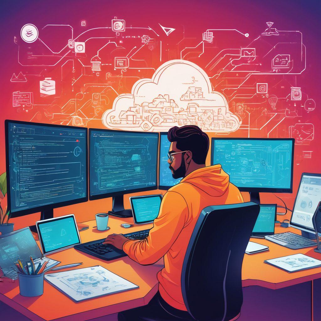 A dynamic scene illustrating the journey of a web application from conceptual diagrams to deployment in the cloud. Include a developer working at a desk with code and sketches, a seamless pipeline leading to servers in the cloud with icons of speed and security. vibrant colors. flat design. tech-inspired aesthetic.