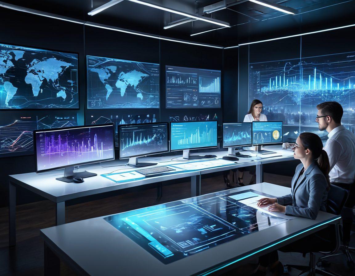 A sleek, modern office scene with transparent monitors displaying analytics and integration diagrams, a team of professionals engaged in collaborative planning around a smart table, with digital connections and data streams intertwining around them, illustrating effective management and integration. super-realistic. vibrant colors. high-tech ambiance.